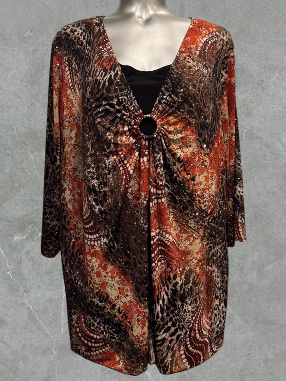 Essentials V-Neck Long Sleeve Tunic with Center Ring - Orange & Brown & Black